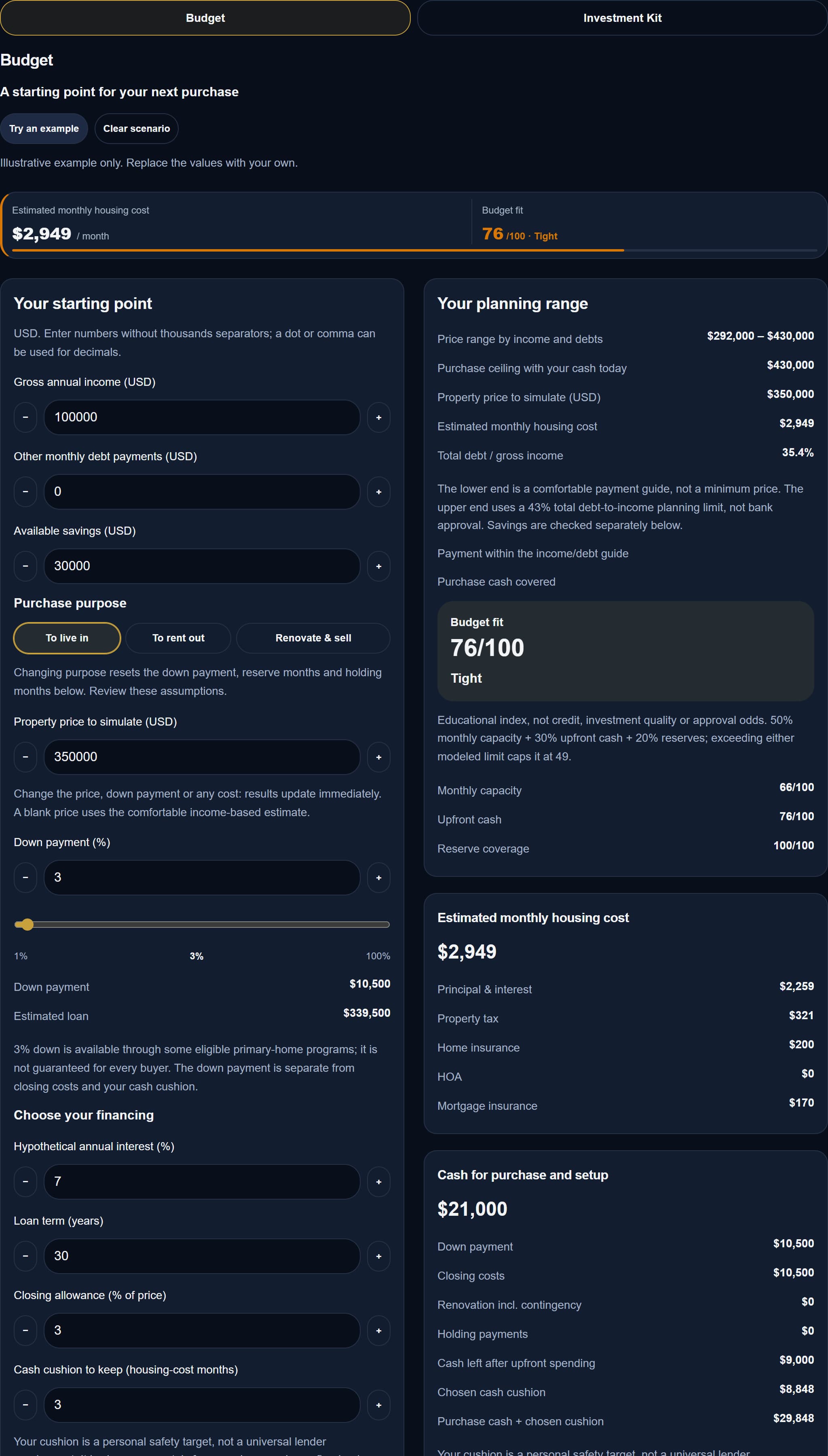 Interactive Budget with purchase range and down payment