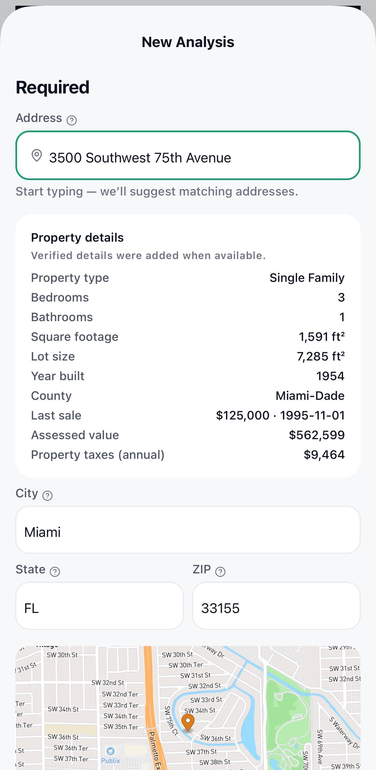 Property entry form in the mobile app